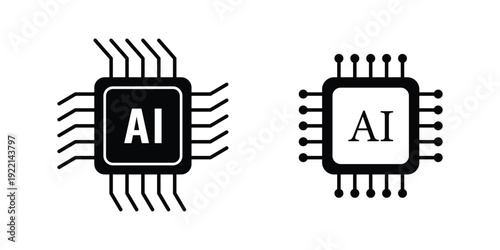 Artificial intelligence icon, sign, logo in the circuit line style. AI processor vector icon flat design. Motherboard digital chip AI. Machine learning design. Artificial intelligence chip icon set.