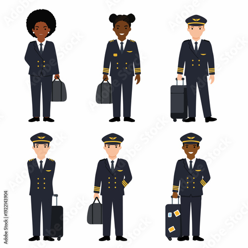 Diverse cartoon pilots and flight crew members in uniform, both male and female, holding travel bags and suitcases, symbolizing aviation careers and global transport.