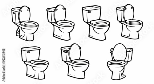 Collection of seven cartoon-style black and white line art illustrations of modern toilets with open seats, depicting various angles and designs for bathroom fixtures.