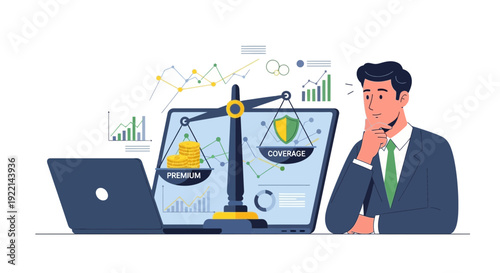 Insurance coverage concept man analyzes premium versus protection options
