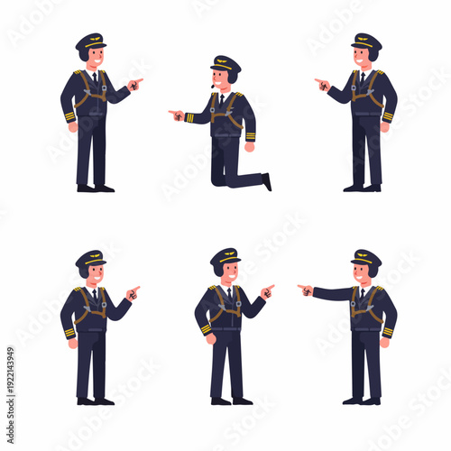 Set of animated male pilot figures in uniform, pointing, presenting, and kneeling, ideal for aviation and professional contexts.