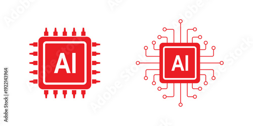 AI chip icon set. Line and glyph AI processor chip. Artificial intelligence microchip icon set. AI microchip vector icon — minimalist microchip with "AI" label, technology and processor symbol. EPS 10