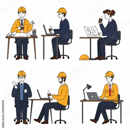 Cartoon set of engineers and architects working at desks with laptops and blueprints, wearing hard hats and drinking coffee.