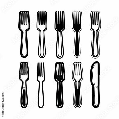 Collection of stylized black and white forks and a knife for dining and kitchen design elements.