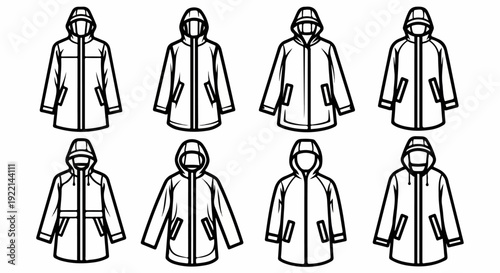 Collection of outline vector icons depicting various hooded jackets and raincoats, suitable for clothing design, weather-related graphics, and fashion apparel illustrations.
