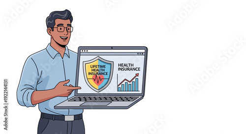 Man presenting health insurance options on laptop screen with copy space