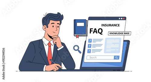 Man pondering insurance faq on laptop screen with magnifying glass icon