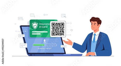 Man presenting insurance e card on a laptop screen with data transfer process