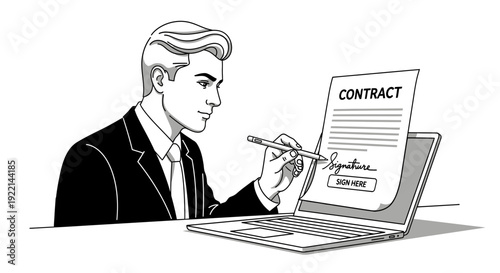 Man signing contract document online on laptop screen illustration