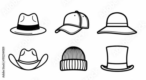 Diverse Hat Collection Vector Icons: Fedora, Baseball Cap, Sun Hat, Cowboy, Beanie, and Top Hat Styles.
