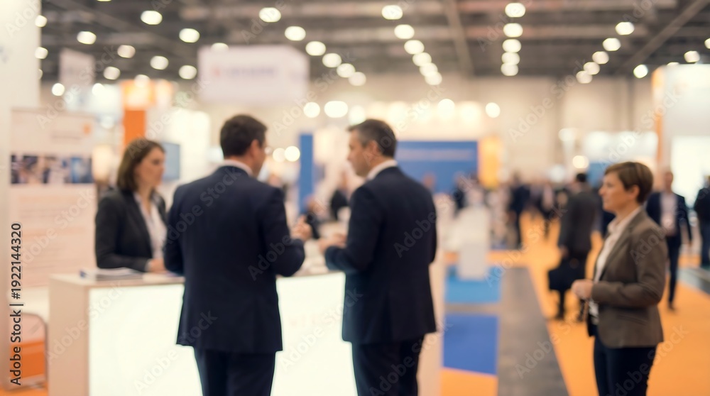 Fototapeta premium Blurred professionals network at busy trade show or conference, with exhibition booths and other attendees visible.