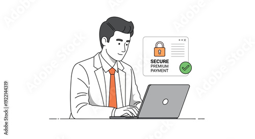 Man using laptop for secure online premium payment illustration