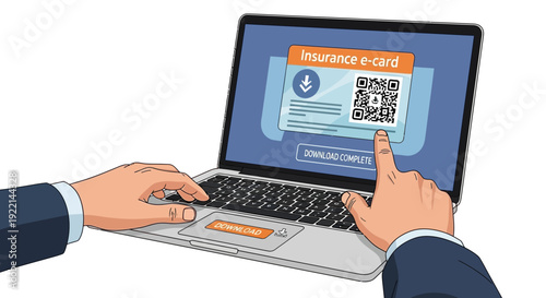 Man using laptop to download digital insurance e card with qr code