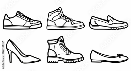 Diverse footwear collection vector illustration. Features sneakers, high heels, boots, loafers, and flats in a clean black and white outline style for fashion and design.