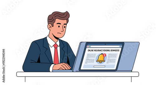 Man using laptop to view online insurance renewal reminders illustration
