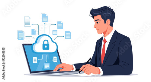 Man using laptop with cloud computing technology for data storage and security