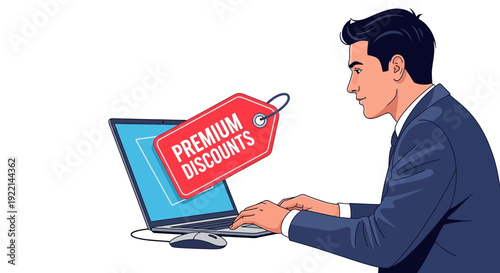Man using laptop with discount tag graphic for business and sales promotion