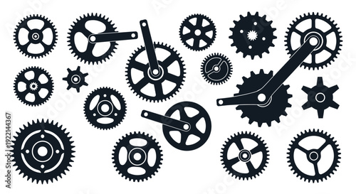 Bicycle cranksets and chainrings silhouettes for bike mechanical parts and industrial engineering design illustrations.