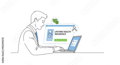 Man using laptop with insurance application interface online