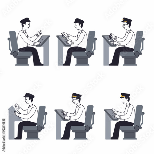 Various illustrations of male operators in uniform and casual attire, interacting with control consoles.