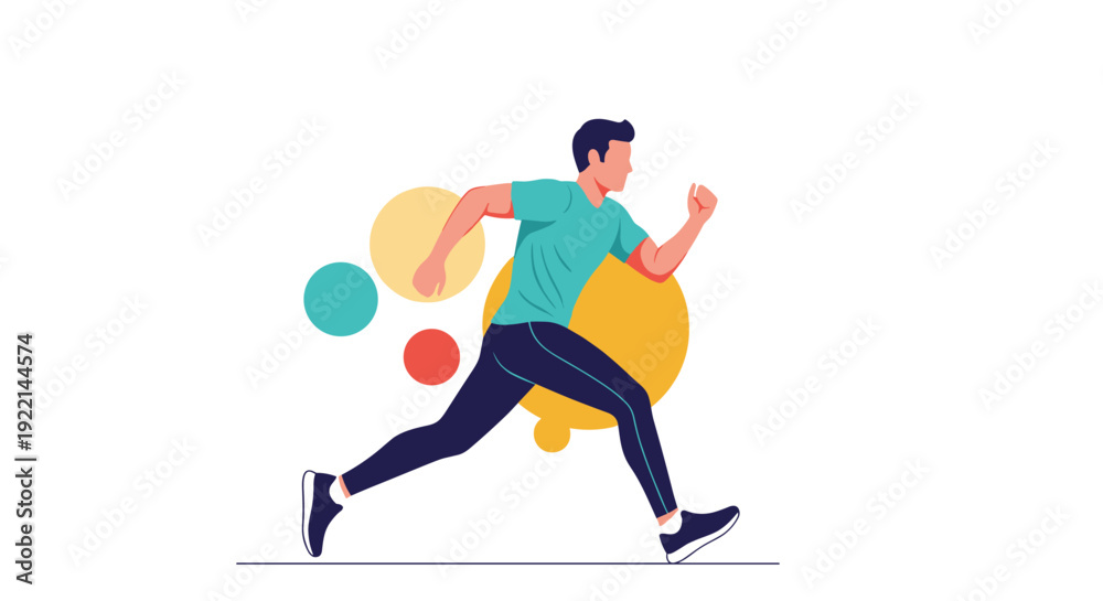 Fototapeta premium Energetic man running fast against a white background with abstract geometric shapes representing speed and athletics.
