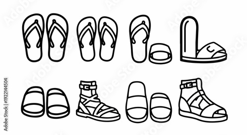 Collection of outline vector icons depicting various summer open-toed footwear including flip-flops, slides, and sandals on a white background.