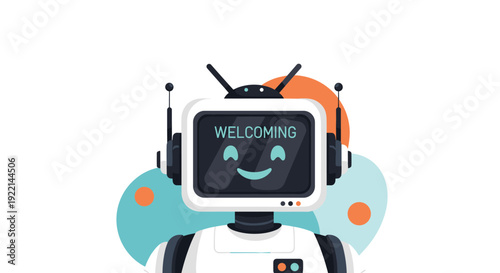 Robot assistant head with a smiling face and a welcoming message on its monitor screen for customer service themes.