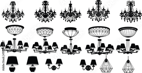 Luxury Chandelier and Ceiling Lamp Silhouette Collection Classic and Modern Lighting Fixtures Black and White Vector Illustration Set