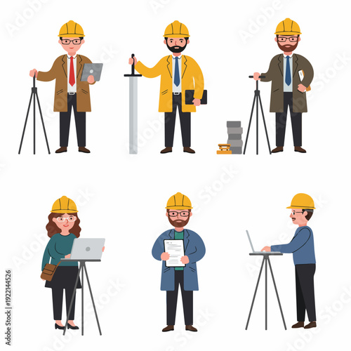 Diverse team of engineers and construction professionals in hard hats, utilizing surveying equipment, laptops, and blueprints for planning and managing building projects.