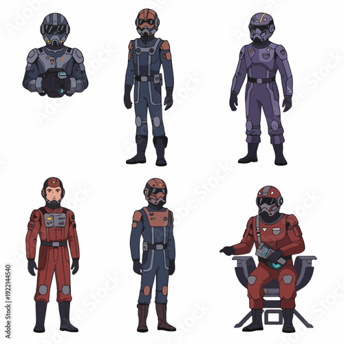 Collection of diverse futuristic sci-fi pilot and crew character designs in various uniforms and poses, isolated on white background.