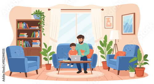 Young father and his little son sitting on a sofa looking at a laptop computer in a cozy modern living room setup.