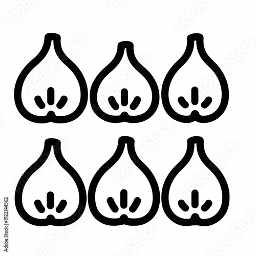 Six stylized black outline garlic cloves or fig icons on a clean white background, perfect for minimalist food and healthy cooking designs.