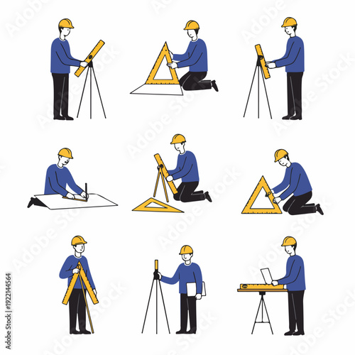 Architect and Engineer at work: a collection of illustrations depicting surveying, drafting, and design tasks with various tools and equipment.