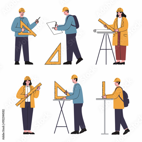 Engineers and Architects at Work: Diverse Professionals Planning and Designing with Tools and Blueprints in Flat Illustration Style