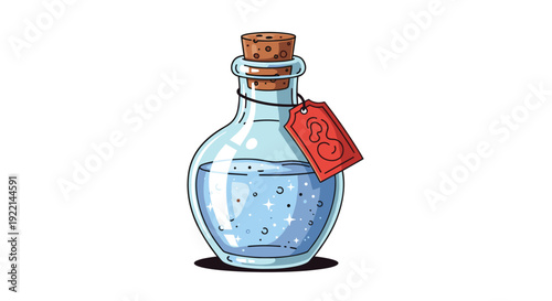 Magical potion bottle with sparkling blue liquid and a red cork label for fantasy gaming and alchemical equipment.