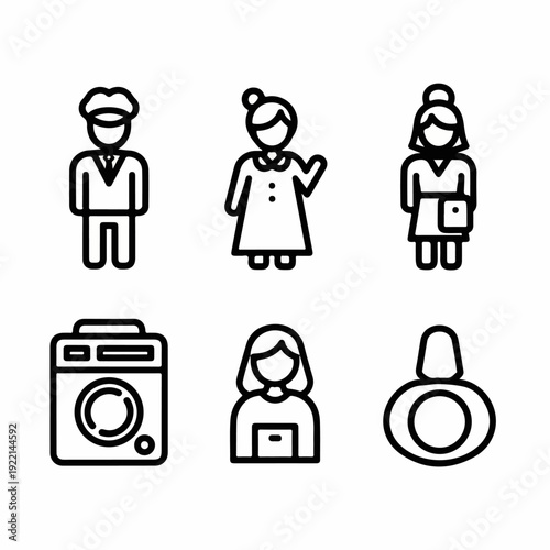 Set of diverse line icons featuring professional people, household appliances, beauty products, and user avatars for various applications and services.