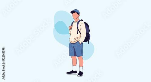 Stylish young man wearing a cap and backpack standing on a light blue background for student and traveler lifestyle.