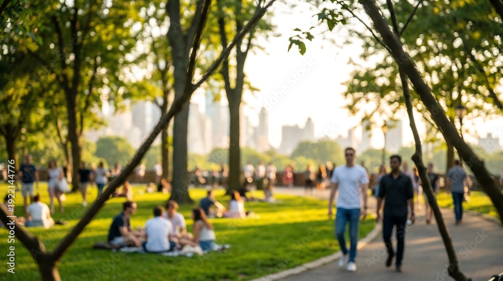 Obraz premium Numerous people are enjoying a leisurely day in a lush green city park, with some walking on paths and others relaxing on the grass, against a blurred cityscape background.