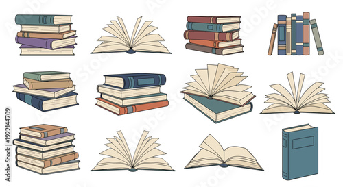 Extensive collection of books including stacks open pages and standing volumes for education library and reading.