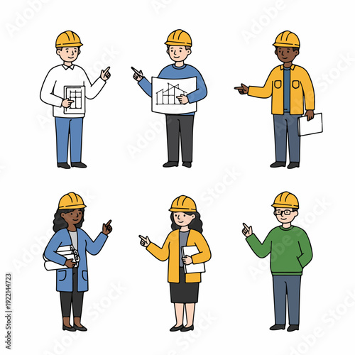 Diverse team of cartoon engineers and construction workers in hard hats, holding blueprints and documents, pointing to present ideas or guide discussions on a white background.