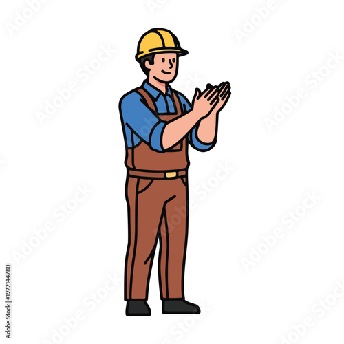 man wearing brown overalls and yellow hard hat clapping