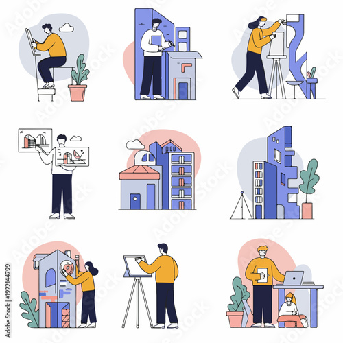 Architects and designers working on building plans and urban development projects, showcasing various creative and technical processes.