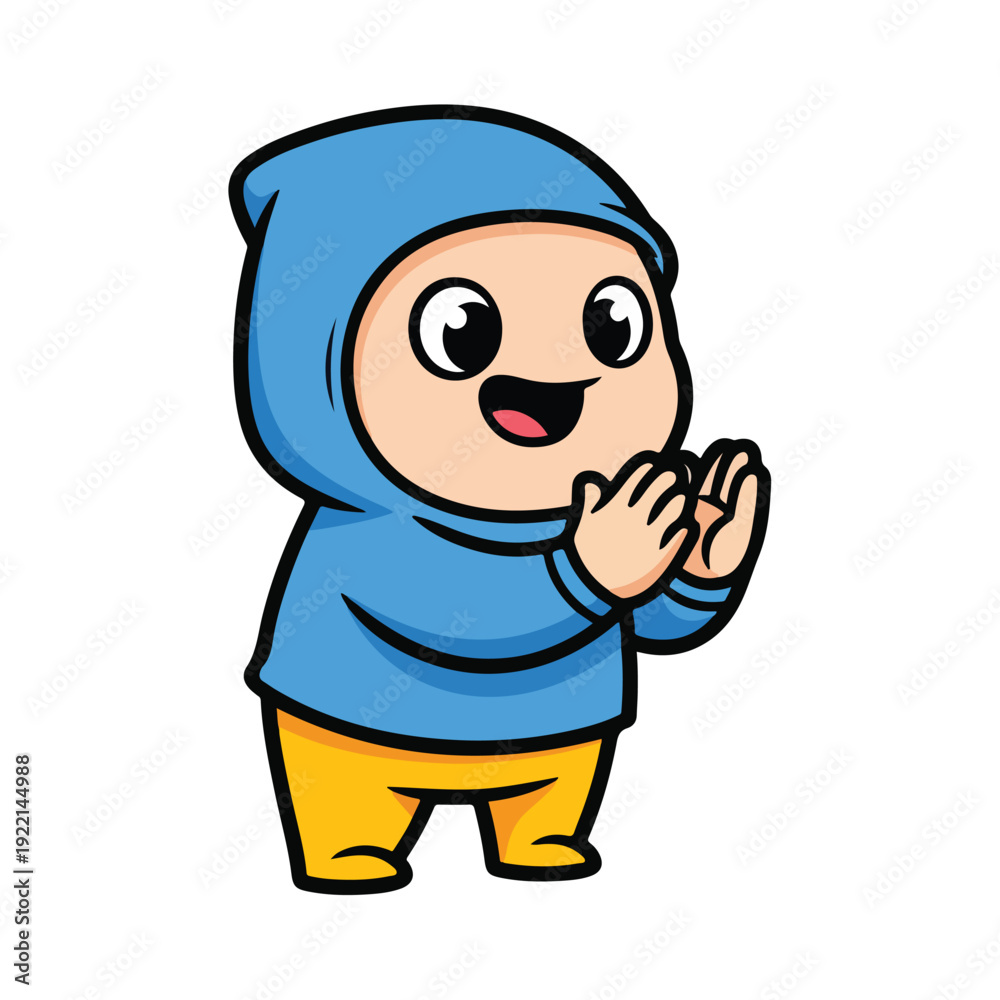 Fototapeta premium Cartoon character in blue hoodie and yellow pants making a gesture