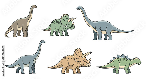 Diverse group of prehistoric dinosaurs including long necked herbivores and horned species for educational art.