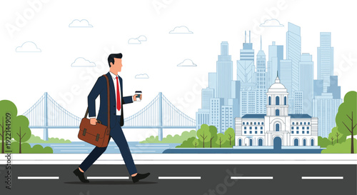 Modern businessman walking on a city street with coffee and a briefcase against a backdrop of skyscrapers and bridge.
