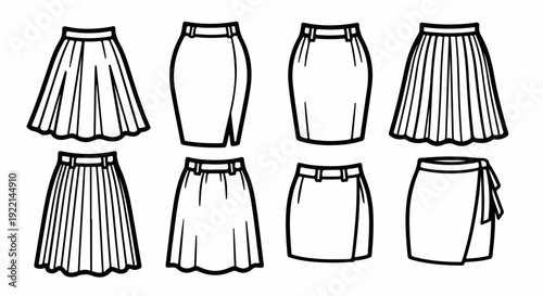 Eight different skirt styles illustrated in black and white line art, showcasing women's fashion apparel for design and templates.