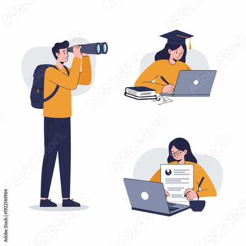 Young people engaging in education, career planning, and future exploration: a versatile illustration set for learning and professional development opportunities.