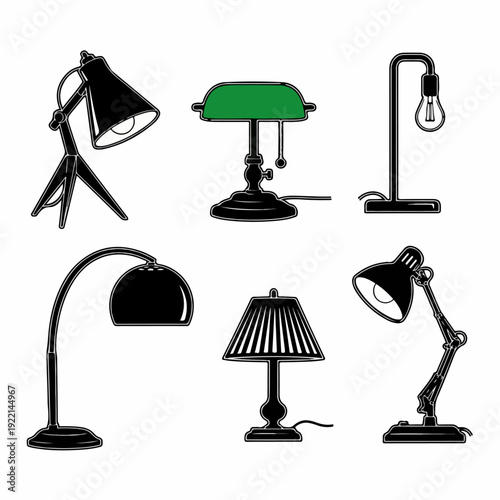 Diverse collection of desk, floor, and table lamps in a clean, graphic style, highlighting classic and modern interior lighting designs.