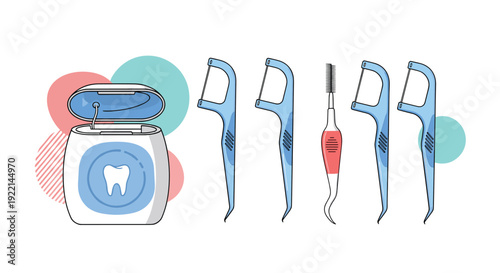 Set of dental care products including floss and picks for oral hygiene health and dentistry professional themes.
