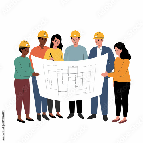 Diverse Team of Architects and Engineers Reviewing Building Blueprints for a Collaborative Construction Project.